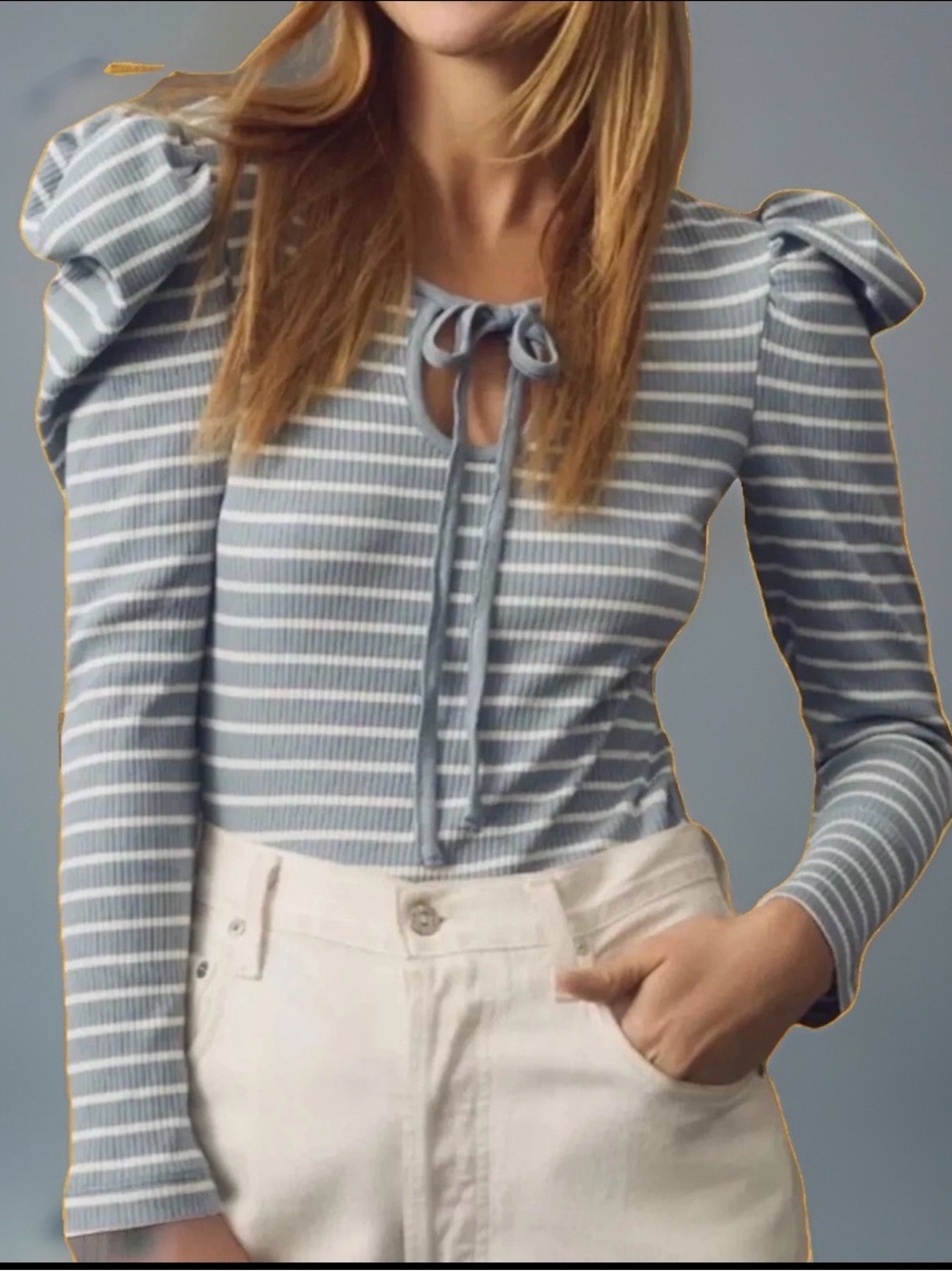ANTHROPOLOGIE 🎽sz L porridge puff sleeve top stripe chic lace up look NWT! Shirt